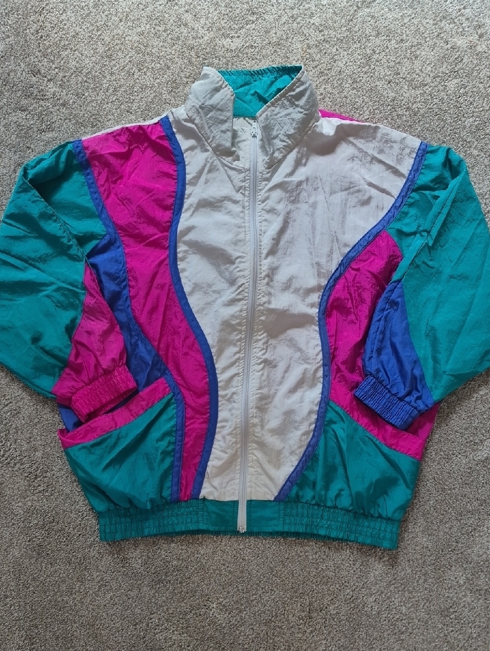 Vintage Colorful Wind Breaker Jacket - Teal, White, Blue & Magenta